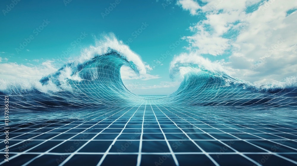 Aufkleber A digital ocean scene featuring large waves against a grid-patterned surface under a bright blue sky.