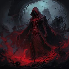 A dark figure in a hooded cloak stands amidst swirling red energy and shadowy creatures.
