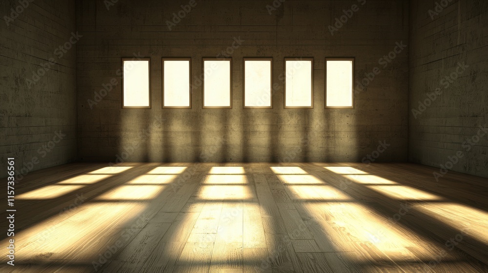 Poster a spacious, sunlit interior with multiple windows casting shadows on a wooden floor, creating a sere
