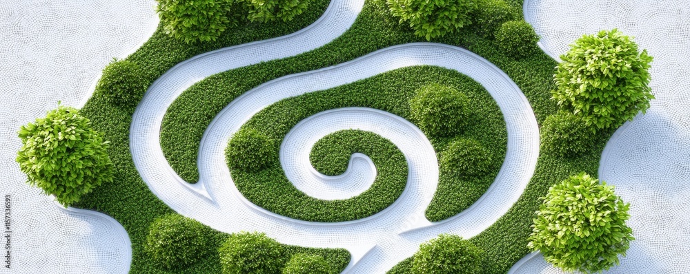 Poster A spiraled pathway meanders through lush greenery, surrounded by small trees, creating a serene and inviting landscape.