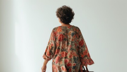 Fototapeta premium Mature Woman in Floral Robe Walking Away Against Minimalist Background
