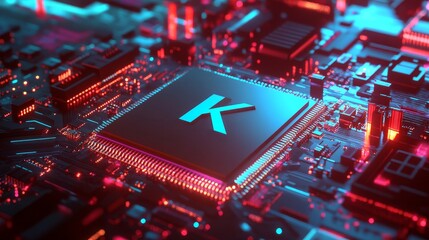 Fototapeta premium Futuristic Computer Chip Glowing With Red and Blue Lights, Showcasing Technology Advancements and Precision Engineering in Digital Circuits