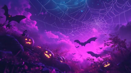 Fototapeta premium Glowing jack-o'-lanterns, bats, and spiderwebs under a purple night sky.