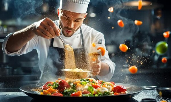 A chef skillfully preparing a vibrant dish with flying ingredients and a dynamic atmosphere.