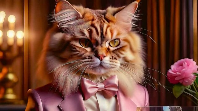 Gorgeous cat in a beautiful interior with a glass of wine. Romance and congratulations