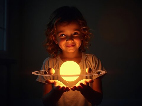 Child holding a glowing model of the solar system, showcasing planets around a bright sun in a dimly lit room during the evening
