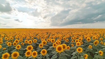 Obraz premium A bright sunflower field under a sunny summer sky with lush green plants and blooming flowers