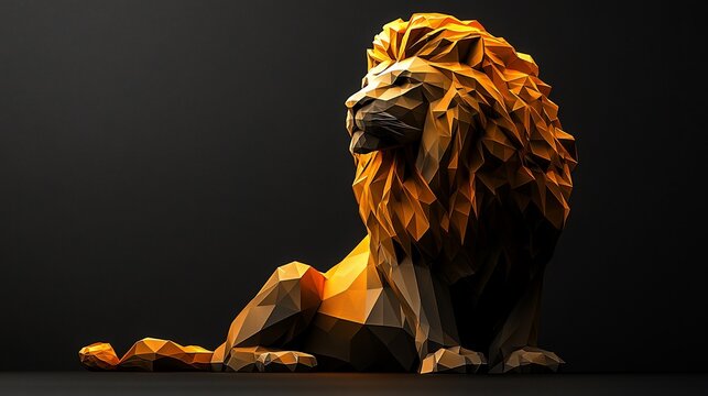 Low-poly golden lion resting on dark background.
