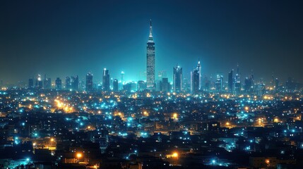 Fototapeta premium Night cityscape, illuminated skyscrapers and buildings.