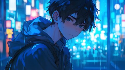 Young anime man portrayed with a sad expression, illustrating feelings of loneliness on a rainy night