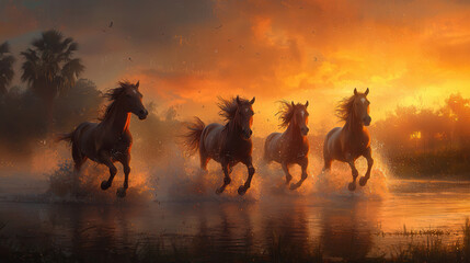Naklejka premium Four horses galloping gracefully through river at sunset, creating stunning scene of nature beauty and freedom