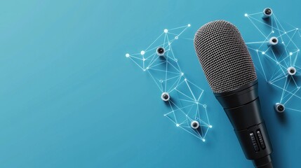 High-Quality Microphone on a Blue Background with Floating Connection Elements Representing Sound...