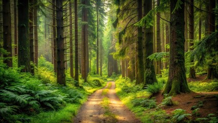 Forest Pathway in Lush Evergreen Wilderness, evergreen trees, dense foliage