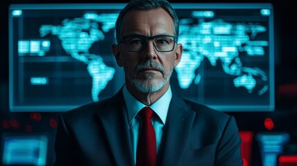 Professional Leader Immersed in a Virtual Banking System Environment with Global Map Display in the Background and Modern Technology Elements