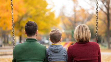 Obraz premium A family sits together on a swing in a park during autumn, surrounded by vibrant fall leaves, enjoying quality time outdoors.