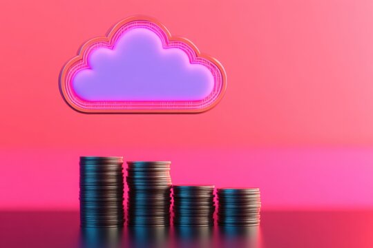A creative representation of digital finance with stacks of coins and a neon cloud symbolizing cloud computing.