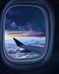 Illustrated airplane window with starry night the dark Starry night view through airplane window Illustrated window scene with cosmic skies Airplane window framing a dark starlit sky