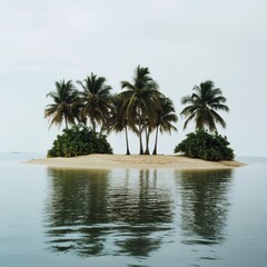 Obraz premium Beautiful Tropical Island With Palm Trees Mirrored in Calm Waters During Daytime