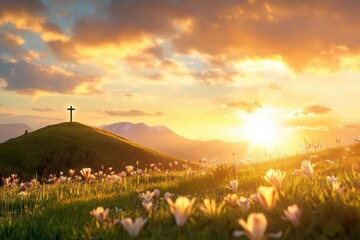 Obraz premium A Serene Easter Sunrise Over Blooming Fields A picturesque moment . A peaceful, aesthetic scene showcasing the beauty of blooming flowers, symbolizing renewal and life, as dawn breaks