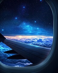 Illustrated airplane window with starry night the dark Starry night view through airplane window Illustrated window scene with cosmic skies Airplane window framing a dark starlit sky