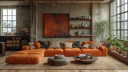 A cozy living room featuring an orange sectional sofa, wooden shelves, plants, and a large abstract painting, creating a warm ambiance.
