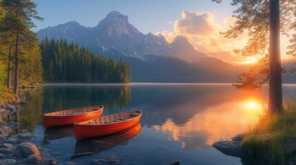 Two red boats on calm lake at sunset, mountains reflecting in water.
