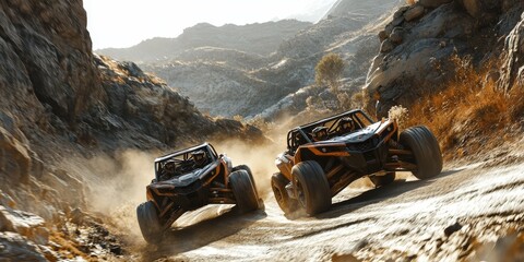 Off-road Adventure in Rugged Terrain With Powerful Vehicles Racing Through Dusty Trails During Golden Hour