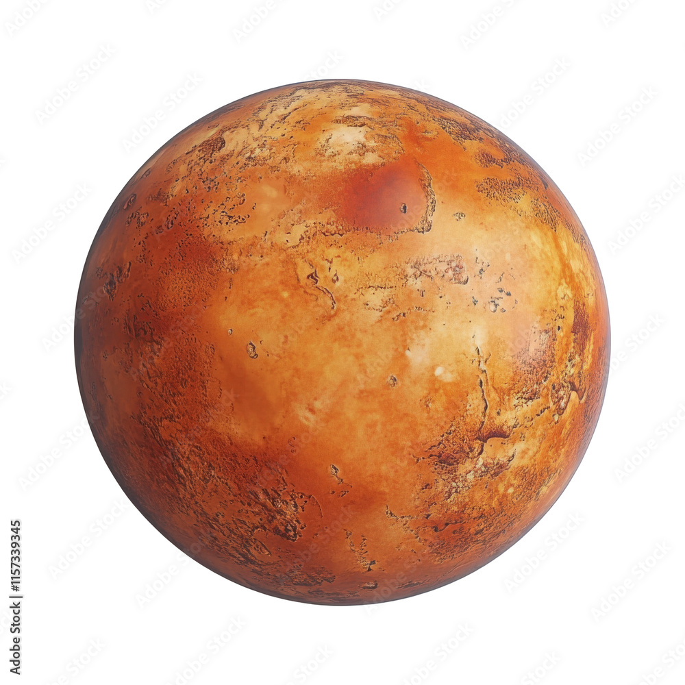 Wall mural detailed mars planet with craters and rocky surface isolated on white background. celestial body in 