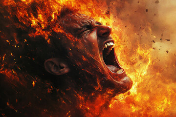 Screaming man engulfed in flames. Male face shouting in agony surrounded by fire. Suffering person
