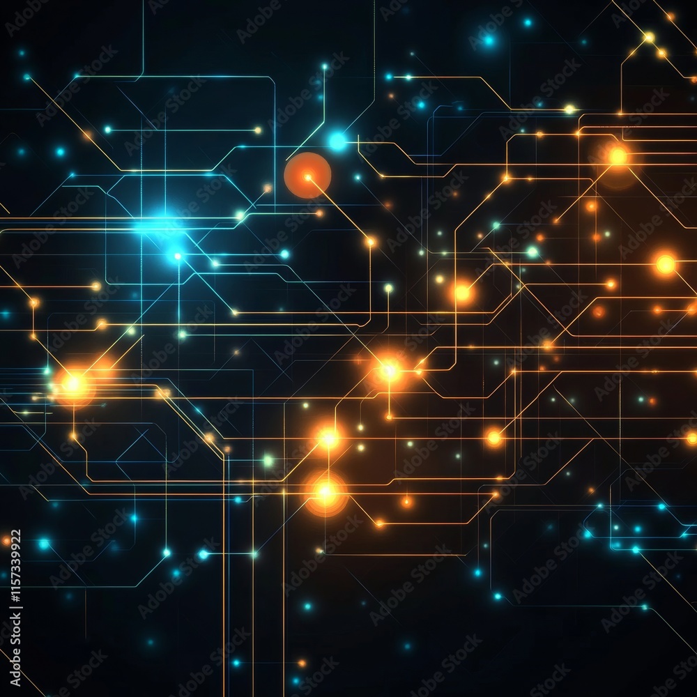 Poster technology background featuring glowing lines and dots representing data flow in a digital network a