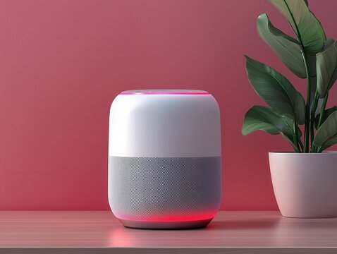 Modern AI Powered Speaker in a Minimalist Setting with Stylish Plant and Soft Color Background for Home and Office Decor Inspiration