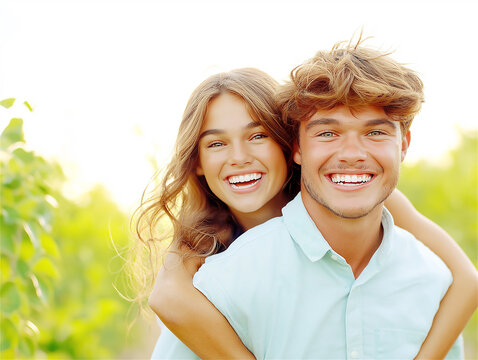 A young, happy couple outdoors on a sunny day, with bright smiles and lush greenery in the background, evoking feelings of love, joy, and youthful energy.