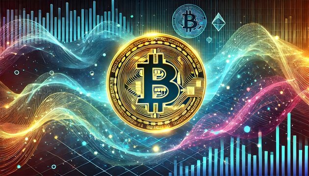 Cryptocurrency Waves: Bitcoin Symbol on Dynamic Digital Background