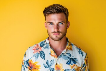 Serious young man with blue eyes on vacation.