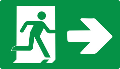 Green sign evacuation exit right. Designations location emergency evacuation exit. Quick and safe exit from a building or facility in case emergency. Direction a safe area. Iso 7010. Fire exit.