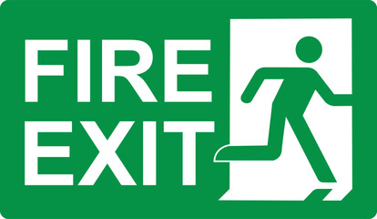 Sign fire exit. Green sign evacuation exit. Designations location emergency evacuation exit. Quick and safe exit from a building or facility in case emergency. Direction a safe area. Iso 7010.