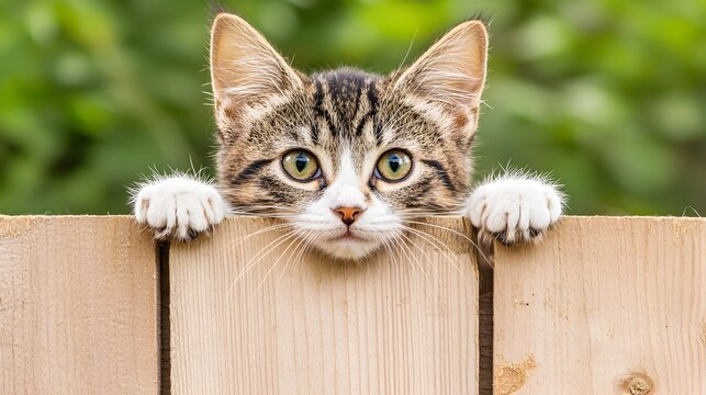 A cat is looking at the camera from behind a wooden fence