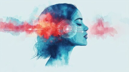 Fototapeta premium Watercolor Visualization of Sound Vibrations Represented by a Serene Woman's Profile, Capturing the Essence of Auditory Experience in Artistic Form