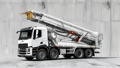 Concrete Pump Truck in Urban Setting with Modern Backdrop and Sleek Design