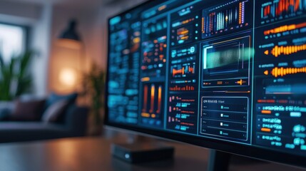 Advanced Home Assistant Interface Displaying Audio Analysis with Holographic Graphics and Interactive Data Visualizations in Modern Workspace Setting