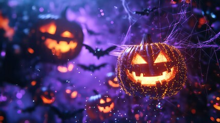 Fototapeta premium Glowing jack-o'-lanterns, bats, and spiderwebs in a spooky Halloween scene. (1)