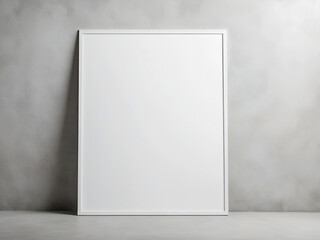 Empty white vertical rectangle poster mockup with soft shadow on neutral light grey concrete wall background. 