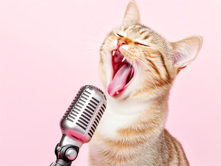 A ginger cat meowing into a vintage microphone against a pink background. A humorous take on animals and music, ideal for creative projects.