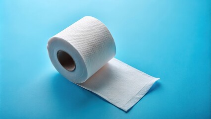A single roll of toilet paper unrolled on a blue background, revealing its contents, with some visible sheets partially exposed , household items, bathroom
