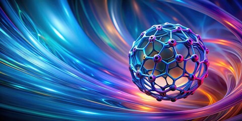 A vibrant Buckyball structure against a swirling vortex of blue and purple hues in an abstract background, evoking a sense of dynamic movement and energy, vortex, technology