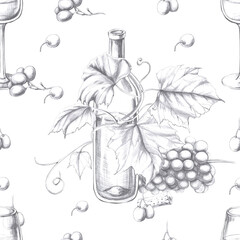 Seamless pattern with a bottle of wine entwined with grapevine. Cool illustration on a white background for the design of farm products, restaurant wine lists, cafe decoration.