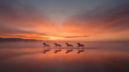Naklejka premium Galloping horses silhouetted against stunning sunset, creating serene atmosphere