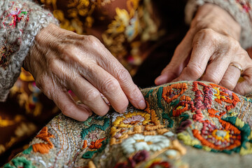 Close-up of a woman’s hands sewing traditional patterns, representing heritage and skill