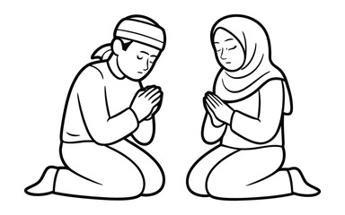 Muslim Prayer  sign  line art  isolated vector on white background. Editable EPS 10 vector illustration.