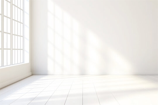 An empty white room flooded with natural light, providing ample copy space, ideal for interior design, product mockups, or minimalist concepts.